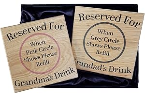 SHG AT HOME Reserved For Drinks Solid Oak Coaster Set. Gift set, in a box, set of two (Grandma and Grandad)