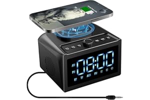 CofunKool Bedside FM Radio Alarm Clock with 15W Fast Wireless Charging and 10W Loud Stereo Bluetooth Speaker, TF Card/USB Flash Drive/AUX Input, 6 Sleep Noise Sound, Dimmable, Stepless Volume, Black