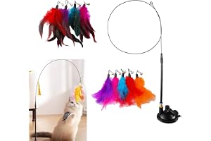 11 Stycken katt leksaker set med sugkop, 87,5 cm stång, 5 färgglada fjädrar & 4 flerfärgade fjädrar, med klocka, naturliga, ståltråd, PVC, interaktiva kattung leksaker för innekatter