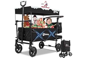 ‎SEKEY Sekey Bollerwagen Faltbar mit Dach 2 Kinder 100KG, Faltbarer Bollerwagen Handwagen Schiebegriff, Kinderwagen Stoßfest PU Räder mit Bremsen 110L, SS5050, Schwarz