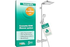 hansgrohe Crometta E - sistema de ducha ahorro de agua (EcoSmart) con termostato, ducha lluvia (240 x 240 mm), ducha de mano (2 tipos de chorro), flexo, barra y ducha fija rectangular, cromo, 27281000