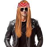 Aomig Disfraz A&ntilde;os 80, Pelucas Hombre Larga, Bandana Roja | Peluca Hombre Larga, Bandana Roja, Redecilla Pelo, Rockero Metal