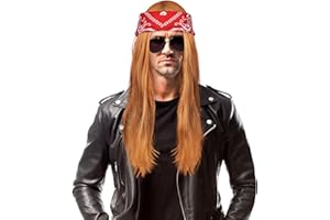 Aomig Disfraz Años 80, 4pcs Disfraces Hippies con Pelucas Hombre Larga, Bandana Roja y 2 Redecilla Pelo, Disfraz Rockero de Metal Pesado, Accesorios Hippies para Halloween Cosplay Carnaval Fiesta