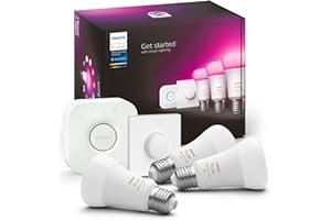 Philips Hue White and Color Ambiance, Starter Kit con 3 Lampadine Smart, Dimmerabili, Bluetooth, E27, 9W, Hue Bridge e Telecomando Smart Button inclusi