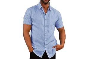 Friptspyg Hombre Camisa de Algodón y Lino para Manga Corta Ajuste Regular Casual de Playa con Bolsillo Camisa de Verano