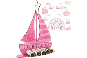 EKUKEON Taufgeschenke Für Mädchen, Taufkarte Mädchen, Taufe Geschenk, Alles Liebe zur Taufe, Karte zur Taufe, Taufe Deko, Holzboot Taufgeschenk Sterne und Taufkarte (Rosa)