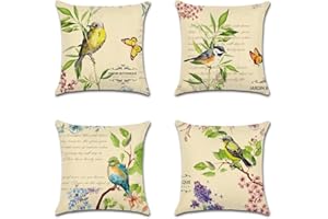 Artscope wasserdichte Kissenbezugen, 4 Stück Grüne Blumen und Vögel Kissenhülle Atmungsaktiv Kissen Fall für Outdoor Balkon Terrasse Patio Garten Bauernhaus Dekor 45 x 45cm