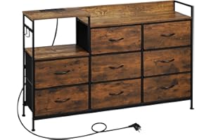 WOLTU Cassettiera a 8 Cassetti in Tessuto, Cassettiera per Camera da Letto, con Sezione di Ricarica e Ganci, Piani Legno e Struttura in Metallo, Rovere Vintage+Nero