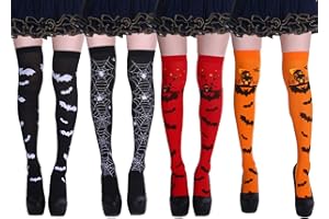 Maeau 4 Pairs Over The Knee Socks Halloween Thigh High Long Stockings Over Knee Skeleton Spider Bat Socks Cosplay Stockings Halloween Costumes for Women