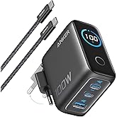 Anker Cargador USB C 100 W, Cargador de Pared GAN Compacto de 3 Puertos, Pantalla Inteligente, Control por Toque, Compatible 