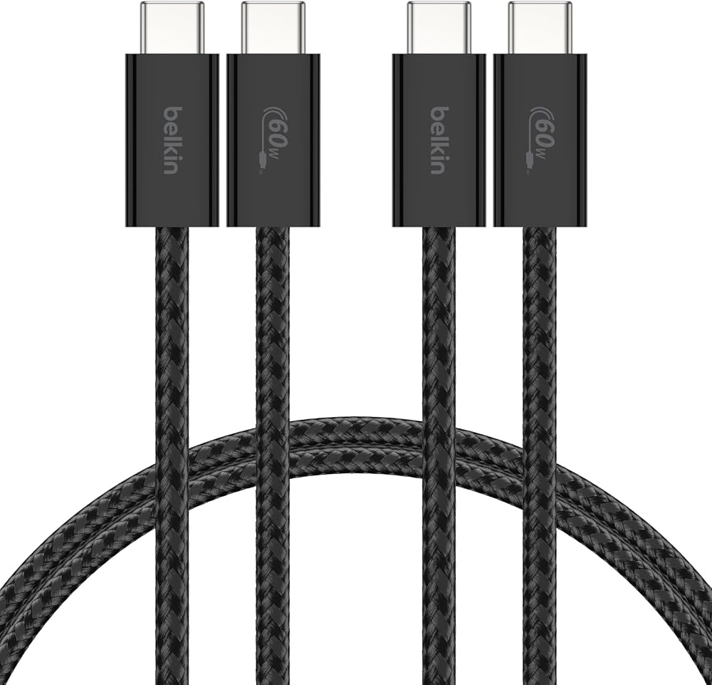 Belkin 2'li Örgülü USB-C - USB-C Kablo, 1,5 m, 60 W – Yumuşak, Esnek ve Hızlı Şarj Kablosu, iPhone 17 ve 16 Serisi, Galaxy S25, Pixel 10, iPad Pro ve Daha Fazlasıyla Uyumlu, Siyah