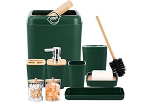 XLHOMO Dark Green Bathroom Accessories Set 9 Piece Bathroom Accessory Set with Trash Can,Toothbrush Holder,Toothbrush Cup,Lotion Soap Dispenser,Vanity Tray,Soap Dish,Toilet Brush,Qtip Holder