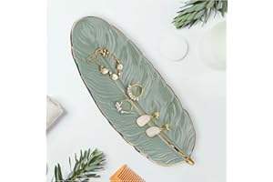 YoHyien Bandeja Joyas de Cerámica, Bandeja para Joyas con Forma de Pluma, Cuenco Decorativo Llaves, Vaciabolsillos Recibidor, Plato Decorativo para Anillos, Collares, Pulseras (Verde)