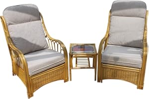 GARDEN MARKET PLACE GardenMarketPlace Sorrento Cane Conservatory Furniture Duo Set- 2 Chairs and a Side Table- Cream Colour Fabric.