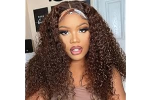 IFLY Perruque Bandeau Cheveux Humain Glueless Wig Human Hair Perruque Bresilienne Bouclée Deep Wave Curly Perruque Femme Naturelle Brésilien 150% Density Couleur Chocolate Brown 18 Pouces