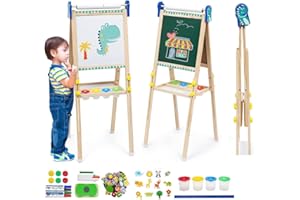 MAYCOLY Caballete para Niños, Caballete de Arte de Madera con Altura Ajustable con Bandeja de Almacenamiento y Otros Accesorios, Pizarra y Pizarra Independiente para Niños 3+