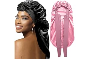 WOZUTUNT Lot de 2 bonnets tressés pour femme noire, grand bonnet long en satin pour tresses, bonnet de nuit en soie avec bande de serrage extensible (noir et rose)