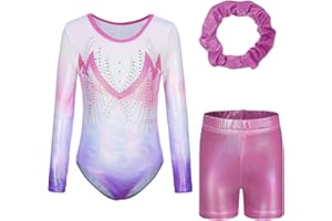 Kiscorpse Gymnastics Leotard for Girls, Long Sleeve/Sleeveless Sparkle Dance Ballet Leotards Athletic Dancewear for Girl Pink & Purple Gradient Sparkly Dancing Costume for 5-12 Years Girls