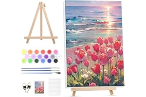 GHHKUD Kits de pintura por números para adultos con caballete de madera, kit de pintura acrílica al óleo por números para adultos principiantes en lienzo enmarcado, flores playa artes y manualidades