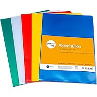 perfect line 50 Akten-Hüllen DIN-A4 bunt, Dokumenten-Huelle seitlich & oben offen, Klar-Sicht-Folien farbig, 5 Farben…