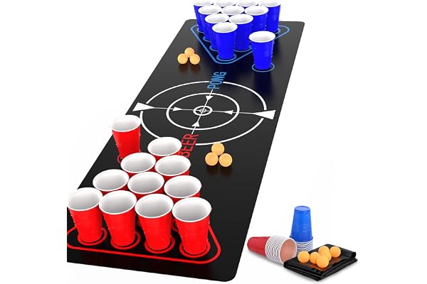Faburo Beer Kit, Jeu à Boire, Pack Complet, Tapis de Jeu Beer-Pong, 22 Tasses, 6 Billes, pour Soirées et Barbecue Adultes