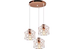 iDEGU 3 Luces Lámpara Colgante Vintage E27 Iluminación de Techo Retro Pantalla de Metal Diseño Jaula Geométrica Lámpara de Techo Industrial para Dormitorio, Comedor, Salon, Comedor (Redondo, Oro Rosa)