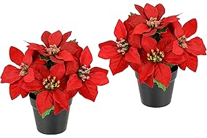 Künstliche Blume Poinsettie im Topf 17cm Weihnachtsstern Christstern Weihnachtsdeko Weihnachtsblume Blumenschmuck Kunstblume Weihnachtliche Dekoblume X'Mas Strauß Geschenk Deko Adventsstern, 2er Set
