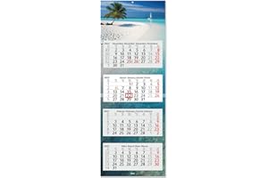 Timr Calendrier 4 mois 2025 plage I Calendrier mural 4 mois I 33 x 90 cm I Multilingue D/GB/F/ES I Planificateur annuel avec curseur Calendrier multifeuilles I Mer Motif vacances Caraïbes I tr_243