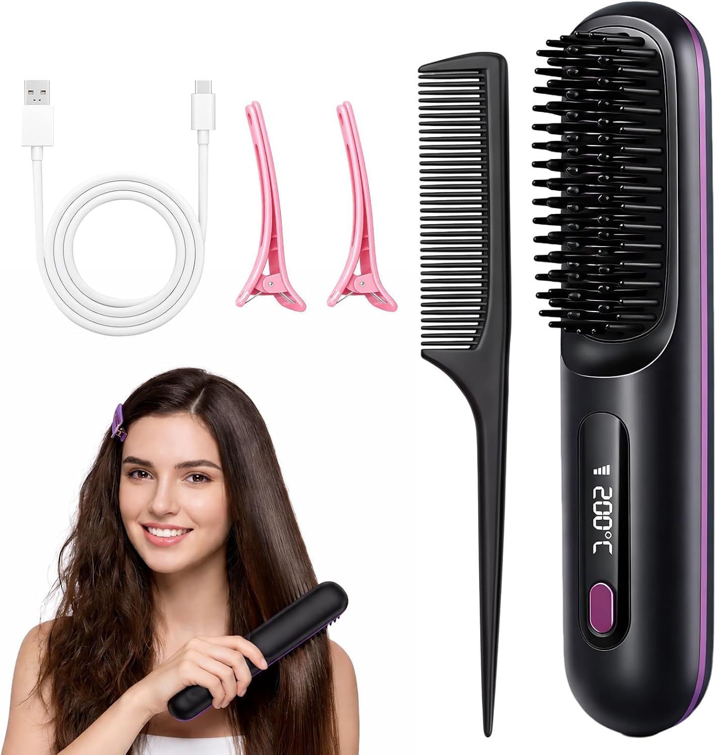 Cepillo Alisador Pelo Inalambrica, Escova Alisadora de Cabelo Iónico, Peine Alisador de Cabello Electrico Portátil, Recarga USB, con Pantalla LCD, 3 Modos Ajustable, 160-200°C, Mini Plancha Pelo