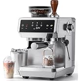 AMZCHEF Espresso Maker with Grinder, 20 Bar, Stainless Steel | 44 grinding levels, 4 temperature settings and 1350W for home
