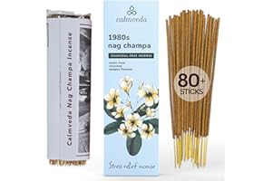 CALMVEDA Kadzidelka Nag Champa z lat 80. - ziemisty, kwiatowy zapach zmieszany z kadzidlem z bialego pizma (80 sztyftów) | Nie zawiera wegla drzewnego, wykonane z kwiatów pochodzacych z recyklingu