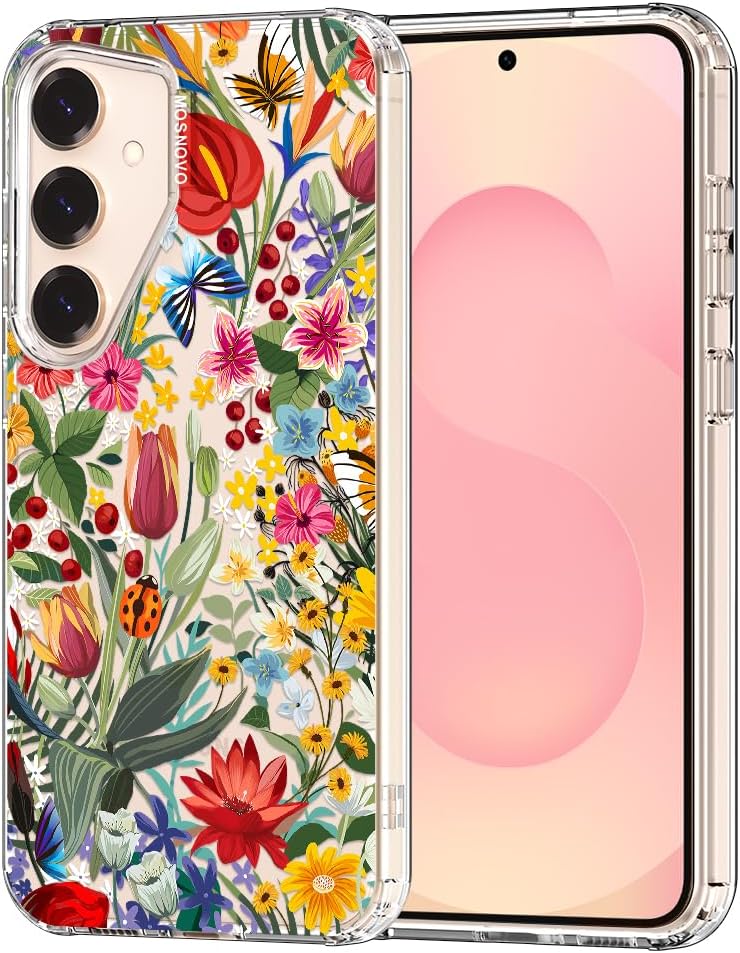 MOSNOVO Case for Samsung Galaxy S25 / Galaxy S24, [Buffertech 6.6ft Military-Grade Drop Protection] [Anti Peel Off Tech] Clear TPU Bumper Phone Case Cover Design - In The Garden