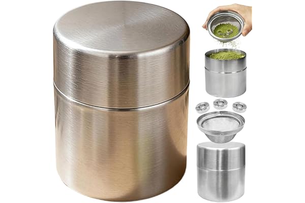 Matcha Powder Sifter and Storage Tin Set, 304 Stainless Steel Matcha Shaker Canister with Agitator Rings and Fine Mesh Sieve, Airtight Tea Container for Matcha, Coffee, Cocoa and Baking Powder