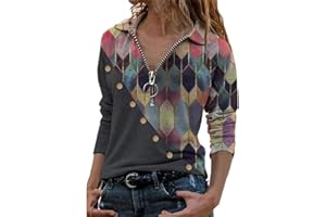 HolAngela Lange Ärmel Pullover Damen Winter Pullover mit Rundhalsausschnitt Vintage Sweatshirt Oversized Bunter Reversoberteil mit Reißverschluss Drucken Pullover Teenager Mädchen Sweatshir