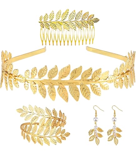 10 Stuks Griekse Godin Kostuum Accessoires Set, Gouden Godin Kroon, Godin Tiara Kroon met Oorbellen Haar Kam Armband voor Vrouwen op Bruiloft Partijen Dagelijks Halloween Gebruik