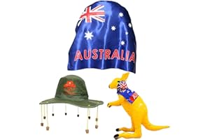 I LOVE FANCY DRESS AUSTRALIA DAY FANCY DRESS SET LARGE WEARABLE SATIN AUSSIE FLAG CAPE + CORK HAT WITH KOALA PRINT EMBLEM + YELLOW INFLATABLE KANGAROO OZ COSTUME DUNDEE FOOTBALL