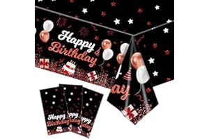 Kesfey 3 Pcs 137x274cm Happy Birthday Tablecloths Birthday Decorations, Plastic Table Cover Rectangular Disposable Tablecloth Wipeable for Baby Shower Birthday Party Supplies(Red and Black)