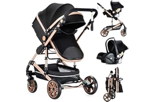 Nine point nine Poussette 3 en 1, Poussette Bebe avec Double Modes de Poussée Réversibles, Poussette Canne avec Grande Nacelle Confortable, Pousette avec Cadre Aluminium Haute Paysage (739 Black Gold)