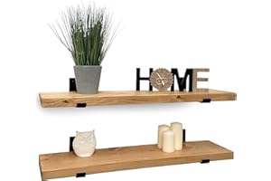 MKGT Handcrafted Rustic Wooden Floating Shelves – Wall Mounted with Black L Brackets – Made in the UK from Solid Timber – Kitchen & Living Room (Set of 2, 60cm)