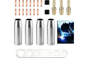 ZESCYHA Kit 25 Embouts Contact Soudage MIG/MAG MB15 15AK, Accessoires Torche Soudage Consommables, 15 Embouts Contact M6 0,8 mm, 4 Buses Gaz Coniques, 3 Poignées de Buse, 2 Isolateurs, 1 Clé à Molette