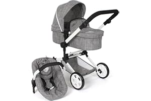 Bayer Chic 2000 - Passeggino per bambole Linus, passeggino combinato 3 in 1 per bambini dai 4 agli 8 anni, set di passeggino per bambole, jeans grigio