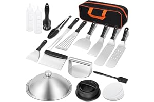 KWAIYOLE Griddle Accessories Kit, BBQ Accessories Flat Top Grill Set for Blackstone, Heavy Duty Stainless Steel Spatulas Barbecue Tools Cooking Utensils Set with Basting Cover, Tongs, Smash Burger Press