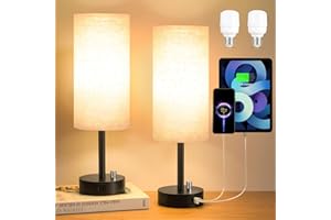 Seealle Bedside Lamps Set of 2, Lamp with USB C+A Charging Ports, Fully Dimmable Table Lamp with Knob Switch, Beige Linen Shade Black Base, Small Lamps for Bedroom Living Room Office(Bulbs Included)