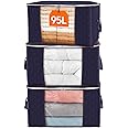 Lifewit 95L Clothes Storage Bags Large Storage Box With Lid Packing Boxes for Moving House With Reinforced Handle Thick Fabric Clear Window for Clothes Duvet Blankets Bedding, 3 Pack, Blue