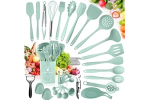 TAVADA Set di Utensili da Cucina in Silicone,51pcs Utensili Cucina Set,Mestoli Cucina Silicone Resistente al Calore Set Antigraffio con 1 Secchio di Stoccaggio 20 Ami,sani e antiaderenti - Verde