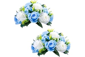 NUPTIO 2 Pezzi Fiori Artificiali, Rose Plastica a 15 Teste con Base, Adatte per Centrotavola Matrimonio del Nostro Negozio Fioriera per Decorazioni per la Casa di San Valentino (Blu&Bianco)