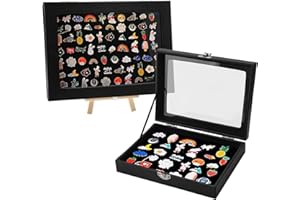 DAWRIS Escaparate de terciopelo negro, Colección Pin con almacenamiento transparente para Pines, Soporte de madera y cierres de hierro