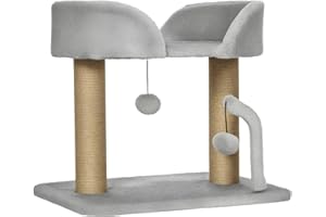 PawHut Torre per Gatti max 5kg con Tiragraffi in Juta, Albero per Gatti con Palline Giocattolo e Rivestimento in Peluche, 48x38x42 cm, Grigio