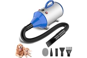 Blanlody Asciugacapelli per Cani Blower Molto Silenzioso, 5,2 CV/3800 W, velocità Regolabile, Ventilatore per la Cura del Cane con 4 Diversi ugelli, Tubo Elastico e Spazzola per la Cura