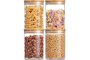 TEL CHARME * 750ml Tarros de Cristal con Tapa Bambú Juego de 4, Botes de Cristal de Cocina con Tapa de Bambu, Almacenaje Cocina, Frascos de Vidrio Herméticos con Tapas, para Pasta, Cereales, Galletas, Harina
